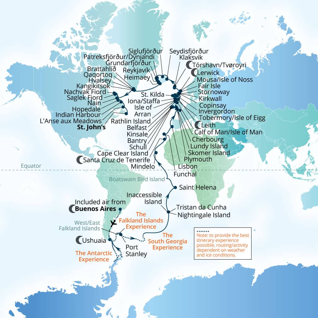 Seabourn Venture 96-day Buenos Aires to St Johns, Newfoundland, Canada itinerary map, March 11-June 15 2028