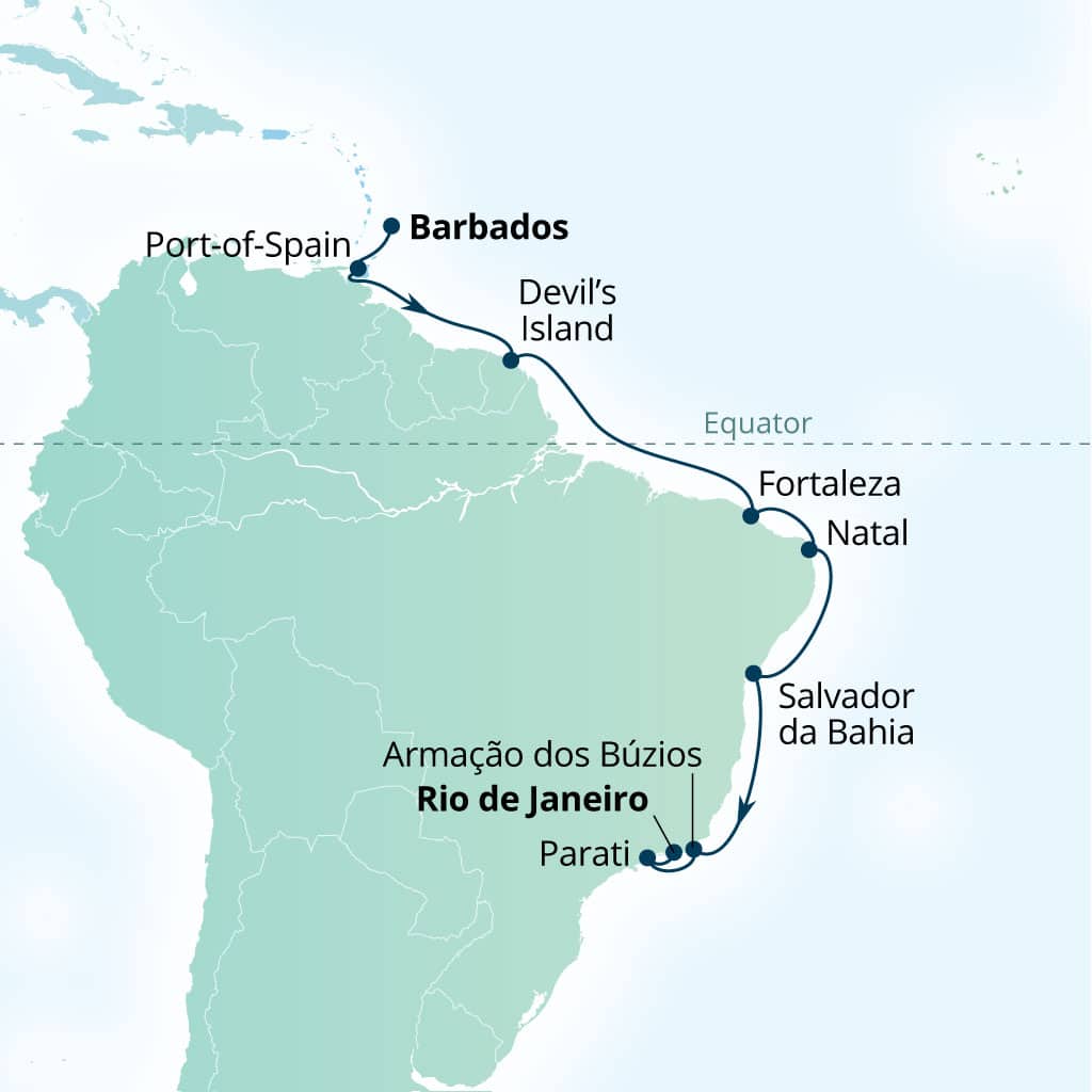 Seabourn Venture 16-day Bridgetown, Barbados to Rio de Janeiro, Brazil itinerary map, October 10-26 2028