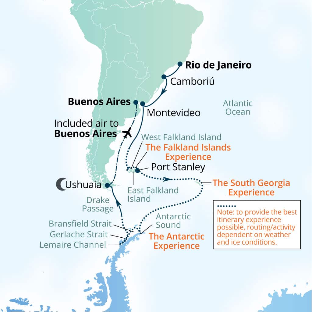 Seabourn Venture 25-day Rio de Janeiro, Brazil to Buenos Aires itinerary map, October 26-November 20 2028