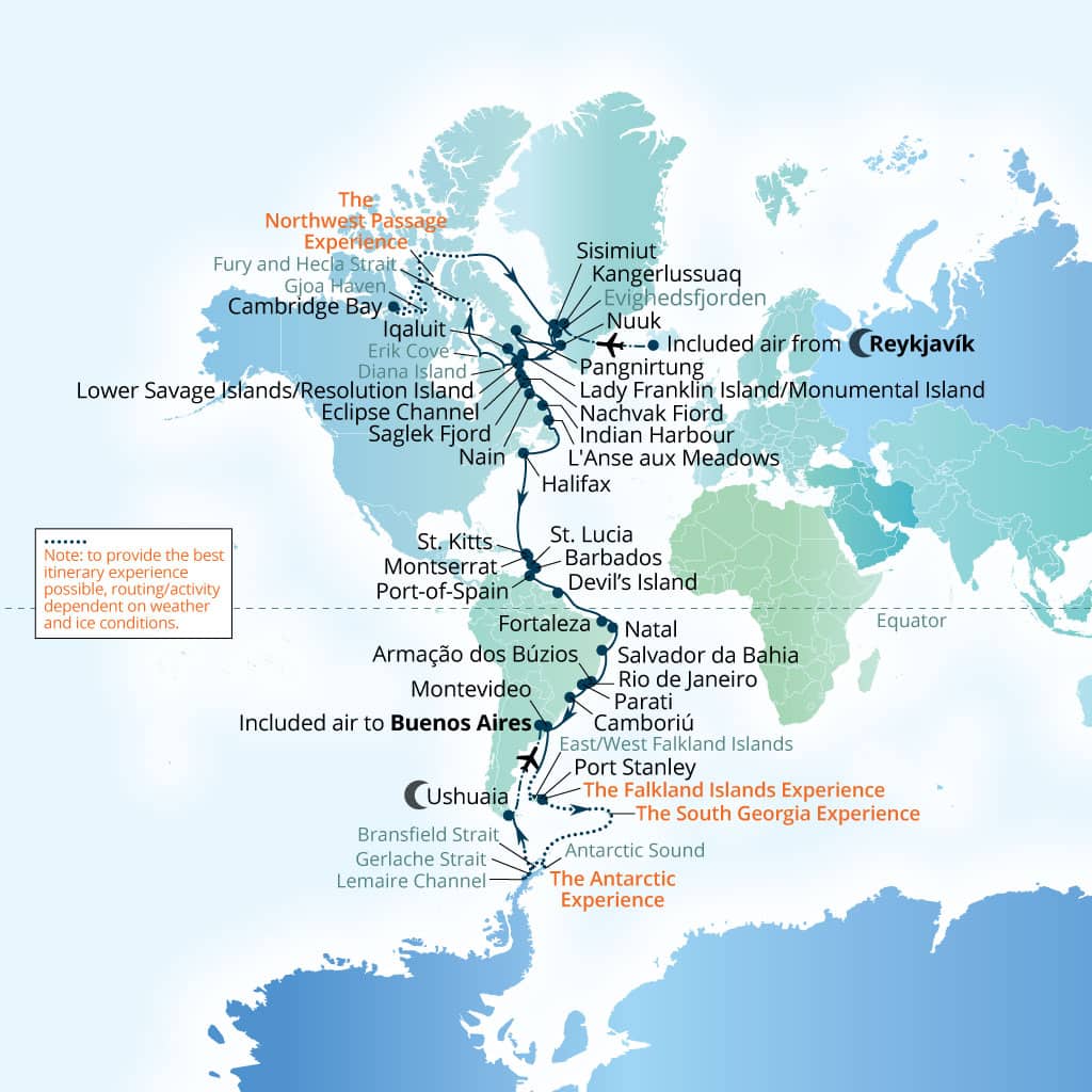 Seabourn Venture 82-day Reykjavik, Iceland to Buenos Aires itinerary map, August 30-November 20 2028