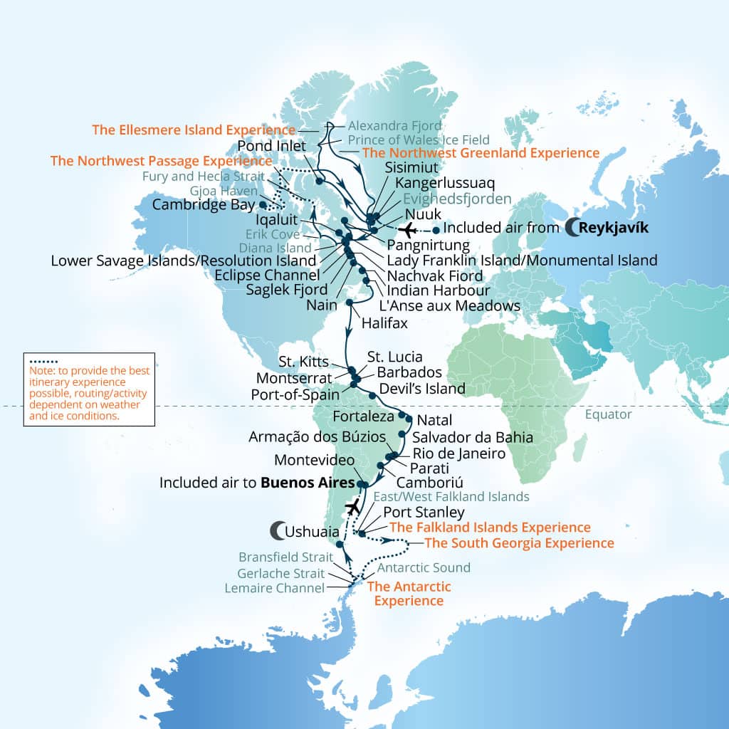 Seabourn Venture 96-day Reykjavik, Iceland to Buenos Aires itinerary map, August 16-November 20 2028