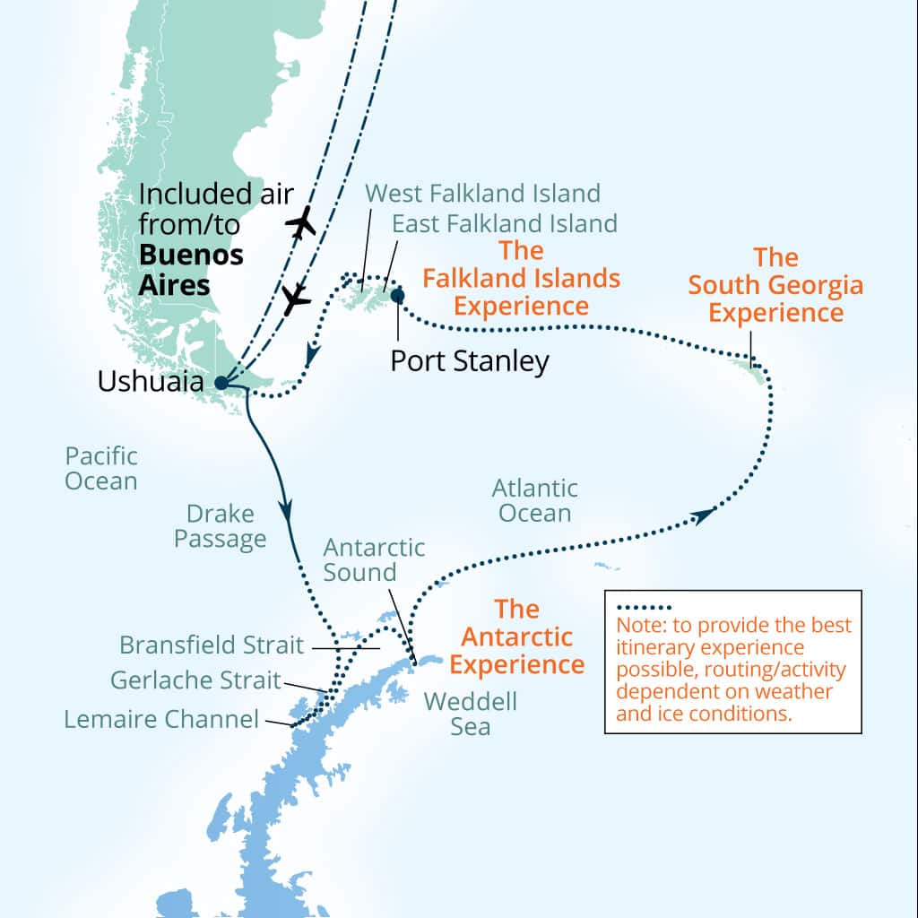 Seabourn Venture 21-day Buenos Aires to Buenos Aires itinerary map, January 18-February 8 2029