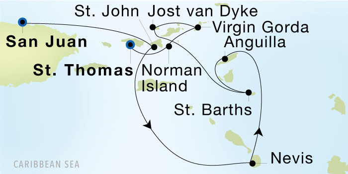 San Juan to Charlotte Amalie, St. Thomas Seadream Luxury Cruise Itinerary Map