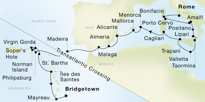 Rome (Civitavecchia) to Bridgetown, Barbados Seadream Luxury Cruise Itinerary Map