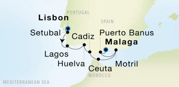 Lisbon to Malaga Luxury Cruise Itinerary Map