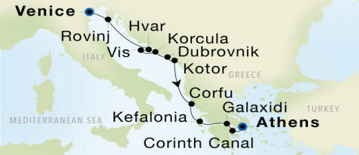 Venice to Athens (Piraeus) Luxury Cruise Itinerary Map