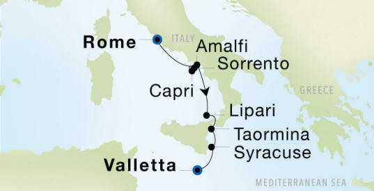 Rome (Civitavecchia) to Valletta Luxury Cruise Itinerary Map