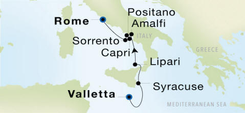 Valletta to Rome (Civitavecchia) Luxury Cruise Itinerary Map