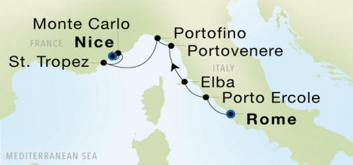 Rome (Civitavecchia) to Nice Luxury Cruise Itinerary Map