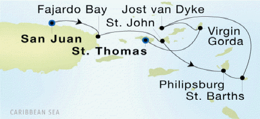 San Juan to Charlotte Amalie, St. Thomas Luxury Cruise Itinerary Map