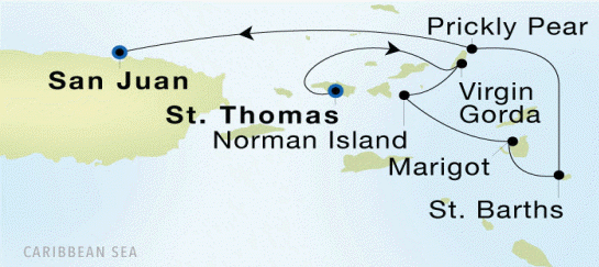 Charlotte Amalie, St. Thomas to San Juan Luxury Cruise Itinerary Map