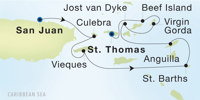 San Juan to Charlotte Amalie, St. Thomas Seadream Luxury Cruise Itinerary Map