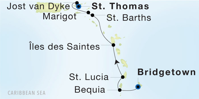 Bridgetown, Barbados to Charlotte Amalie, St. Thomas Seadream Luxury Cruise Itinerary Map