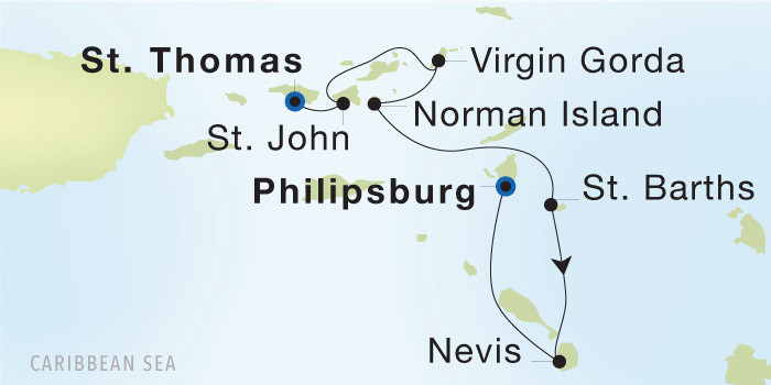 Charlotte Amalie, St. Thomas to Philipsburg Luxury Cruise Itinerary Map