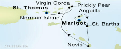 Marigot to Charlotte Amalie, St. Thomas Luxury Cruise Itinerary Map