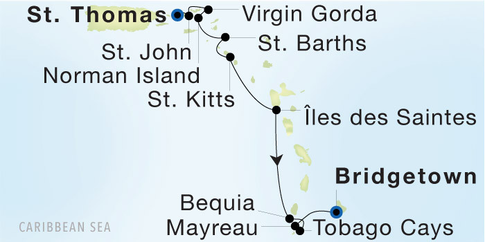 Charlotte Amalie, St. Thomas to Bridgetown, Barbados SeaDream voyage 22903 itinerary map