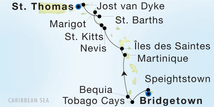 Bridgetown, Barbados to Charlotte Amalie, St. Thomas SeaDream voyage 22904 itinerary map