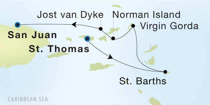Charlotte Amalie, St. Thomas to San Juan SeaDream voyage 22911 itinerary map