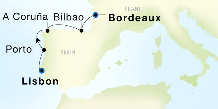 Lisbon to Bordeaux Seadream Luxury Cruise Itinerary Map