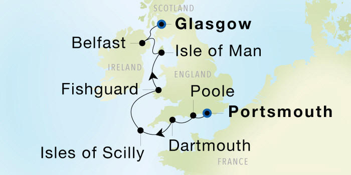 Portsmouth, England to Glasgow (Troon) Seadream Luxury Cruise Itinerary Map