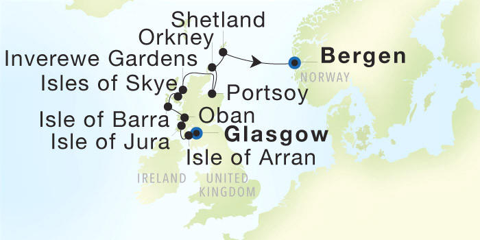 Glasgow (Troon) to Bergen Seadream Luxury Cruise Itinerary Map