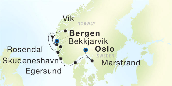 Oslo to Bergen Seadream Luxury Cruise Itinerary Map