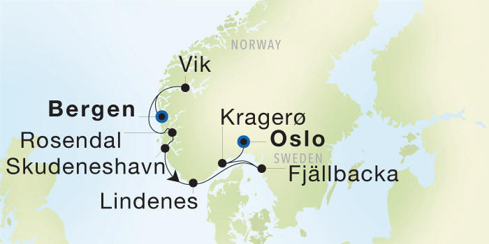 Bergen to Oslo Seadream Luxury Cruise Itinerary Map
