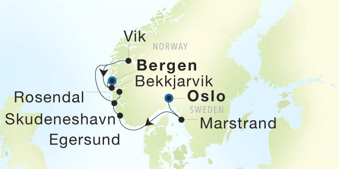 Oslo to Bergen Seadream Luxury Cruise Itinerary Map