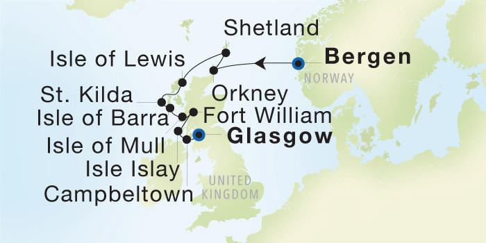 Bergen to Glasgow (Troon) Seadream Luxury Cruise Itinerary Map