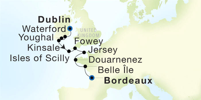 Dublin to Bordeaux Seadream Luxury Cruise Itinerary Map