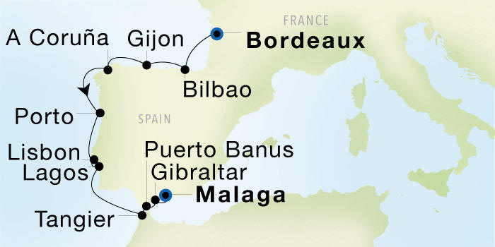 Bordeaux to Malaga Seadream Luxury Cruise Itinerary Map