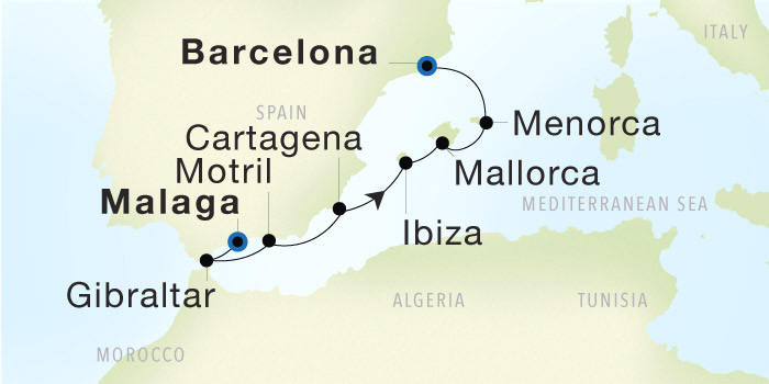 Malaga to Barcelona Seadream Luxury Cruise Itinerary Map