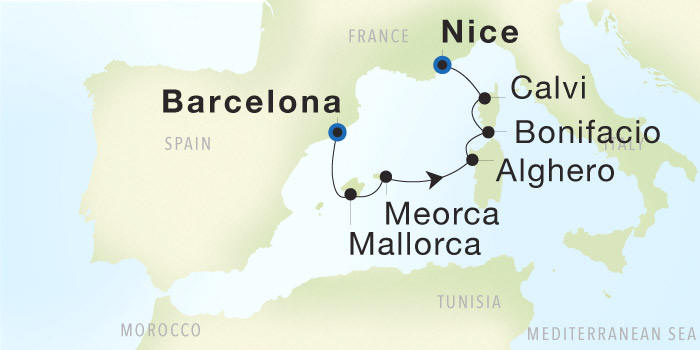 Barcelona to Nice Seadream Luxury Cruise Itinerary Map