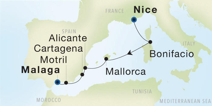 Nice to Malaga Seadream Luxury Cruise Itinerary Map
