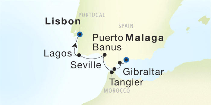 Malaga to Lisbon Seadream Luxury Cruise Itinerary Map