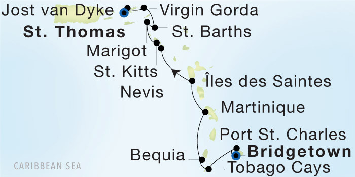 Bridgetown, Barbados to Charlotte Amalie, St. Thomas Seadream Luxury Cruise Itinerary Map