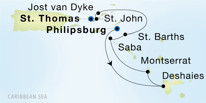 Philipsburg to Charlotte Amalie, St. Thomas Seadream Luxury Cruise Itinerary Map