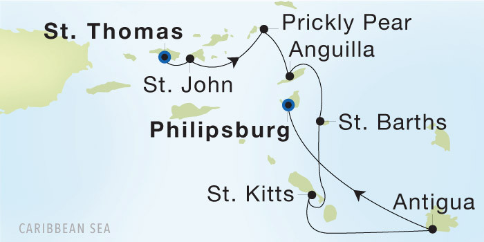 Charlotte Amalie, St. Thomas to Philipsburg Seadream Luxury Cruise Itinerary Map