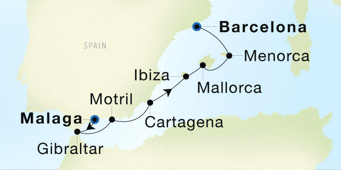 Seadream Cruises SeaDream 1 Itinerary 2028 Malaga to Barcelona Luxury Cruise Itinerary Map