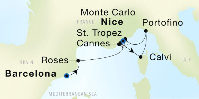 Seadream Cruises SeaDream 1 Itinerary 2028 Barcelona to Nice Luxury Cruise Itinerary Map