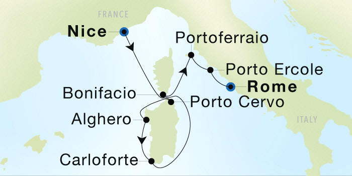 Seadream Cruises SeaDream 1 Itinerary 2028 Nice to Rome (Civitavecchia) Luxury Cruise Itinerary Map