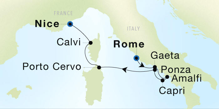 Seadream Cruises SeaDream 1 Itinerary 2028 Rome (Civitavecchia) to Nice Luxury Cruise Itinerary Map