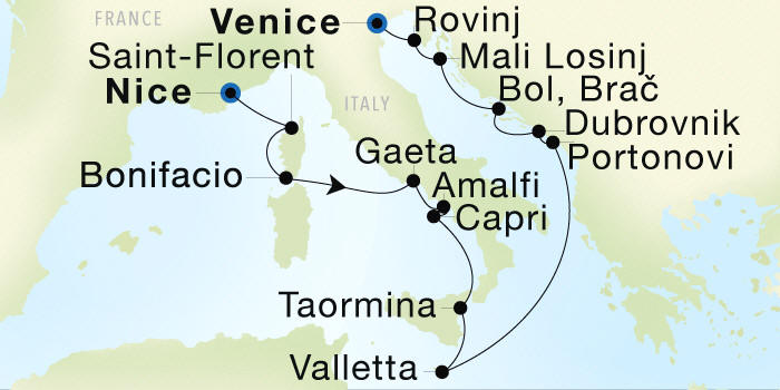 Seadream Cruises SeaDream 1 Itinerary 2028 Nice to Venice Luxury Cruise Itinerary Map