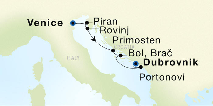 Seadream Cruises SeaDream 1 Itinerary 2028 Venice to Dubrovnik Luxury Cruise Itinerary Map