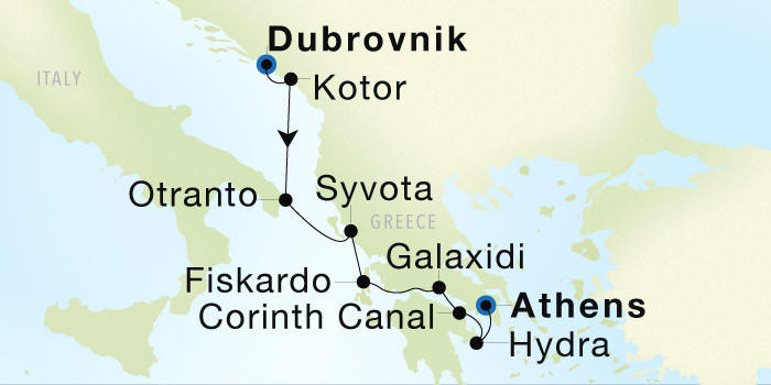 Seadream Cruises SeaDream 1 Itinerary 2028 Dubrovnik to Athens (Piraeus) Luxury Cruise Itinerary Map