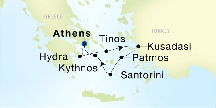 Seadream Cruises SeaDream 1 Itinerary 2028 Athens (Piraeus) to Athens (Piraeus) Luxury Cruise Itinerary Map