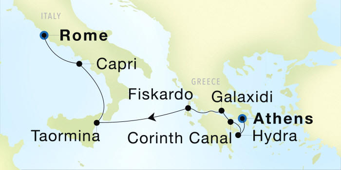 Seadream Cruises SeaDream 1 Itinerary 2028 Athens (Piraeus) to Rome (Civitavecchia) Luxury Cruise Itinerary Map