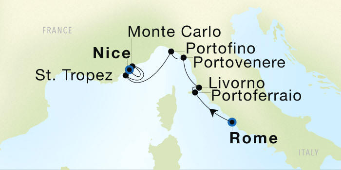 Seadream Cruises SeaDream 1 Itinerary 2028 Rome (Civitavecchia) to Nice Luxury Cruise Itinerary Map