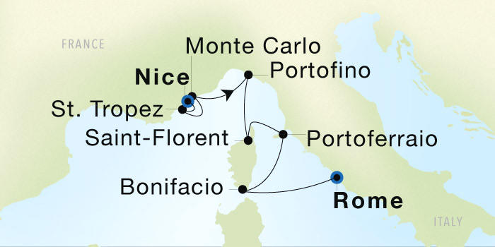 Seadream Cruises SeaDream 1 Itinerary 2028 Nice to Rome (Civitavecchia) Luxury Cruise Itinerary Map