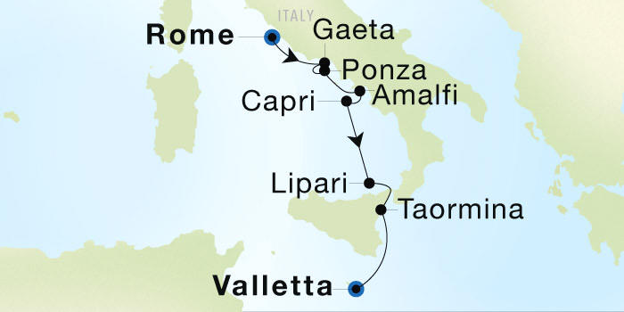 Seadream Cruises SeaDream 1 Itinerary 2028 Rome (Civitavecchia) to Valletta Luxury Cruise Itinerary Map